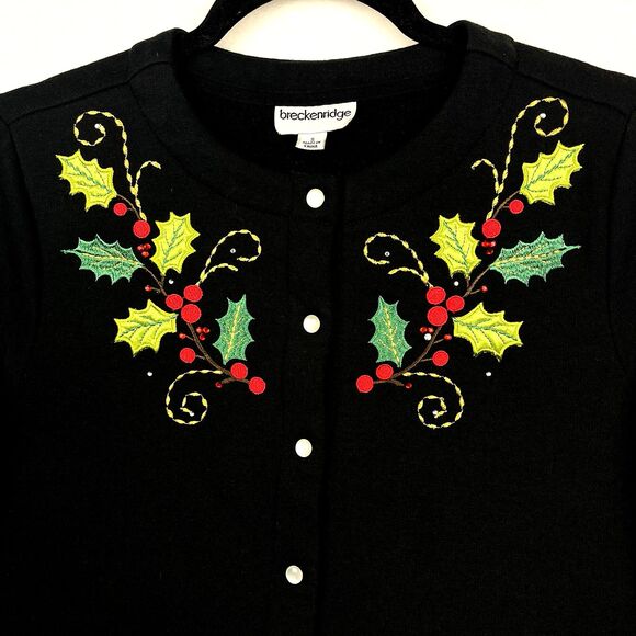 VTG Christmas Cardigan Black Sweater Womens SZ S Appliqued Holy Berry Festive - Picture 4 of 13